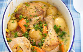 Coq Au Vin Blanc with baby potatoes