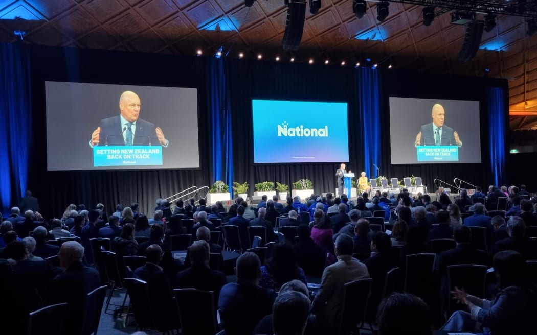 National Party leader Christopher Luxon speaking at the party's annual conference on 2 August, 2024.
