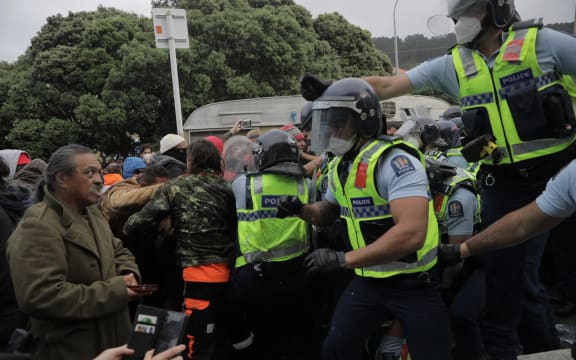 Police and protesters clash on 23rd day of protest in Wellington.