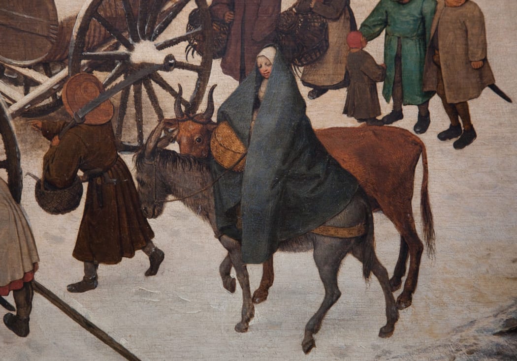 Journey to Bethlehem, detail of Holy Family HR (Peter Brueghel the Elder, Fine Arts Museum Brussels)