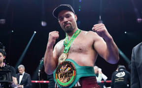 Joseph Parker celebrates after defeating Deontay Wilder at the Day of Reckoning Boxing event in Saudi Arabia.