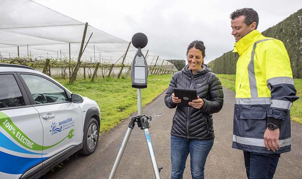 Whakatāne District Council senior policy planners Deborah Ganley and Stephen Allerby were out and about on Orchard Road, Awakeri to record sound levels of audible bird scaring devices last week.