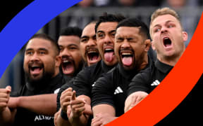 Rugby World Cup hero banner, All Blacks team are doing haka
