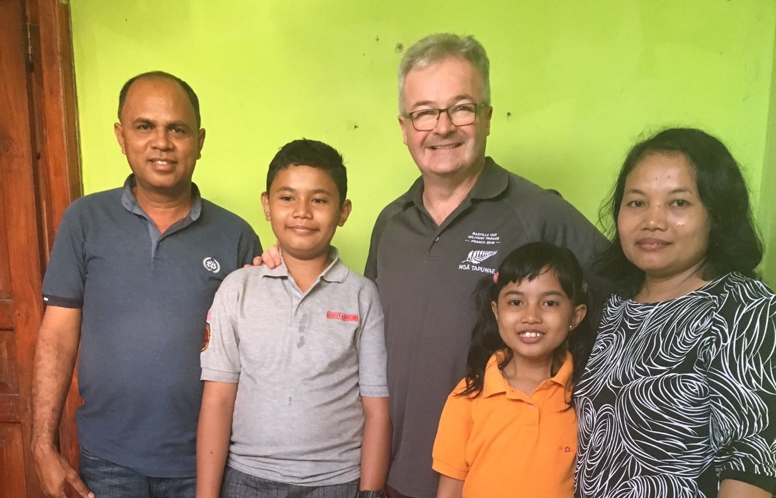 Captain Shaun Fogarty (centre) with Jose Pinto, Mr Pinto’s son Rogerio (12), daughter Xaveria (9) and wife Lina this week.
