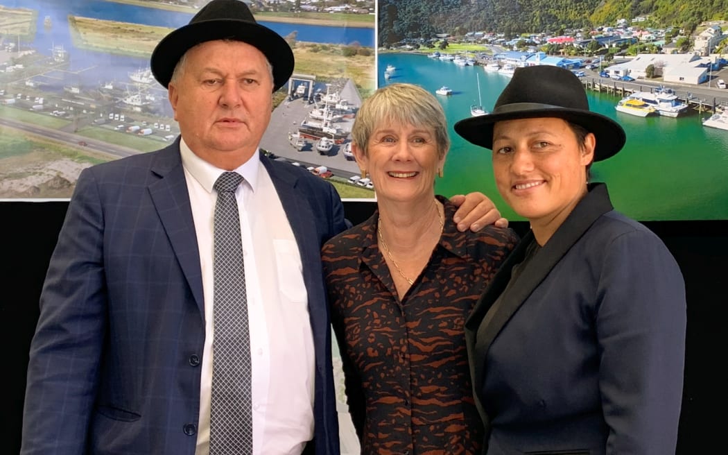 Regional Economic Development Minister Shane Jones, Whakatane Mayor Judy Turner and Labour List MP Kiri Allan celebrate the PGF announcement made this morning.