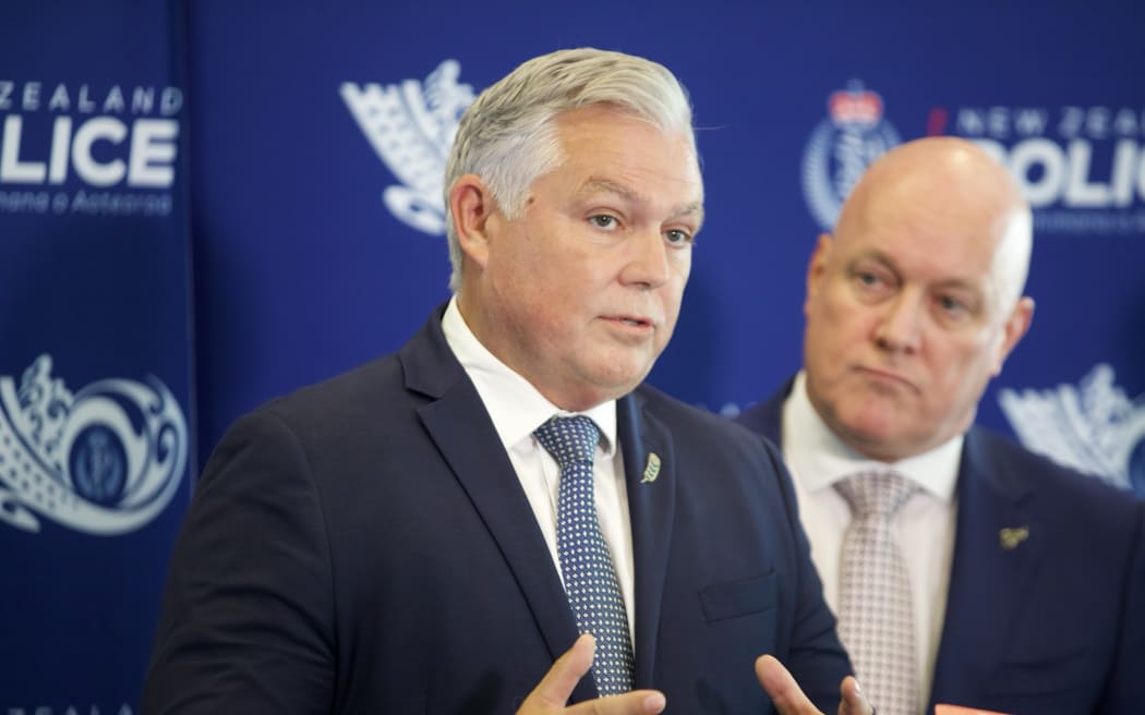 Police Minister Mark Mitchell speaks at a media stand up on 24 February 2025.
