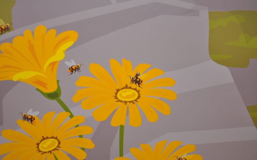 Antman can be seen riding a bee in the mural in the paediatric outpatient unit. RNZ/Samantha Gee.