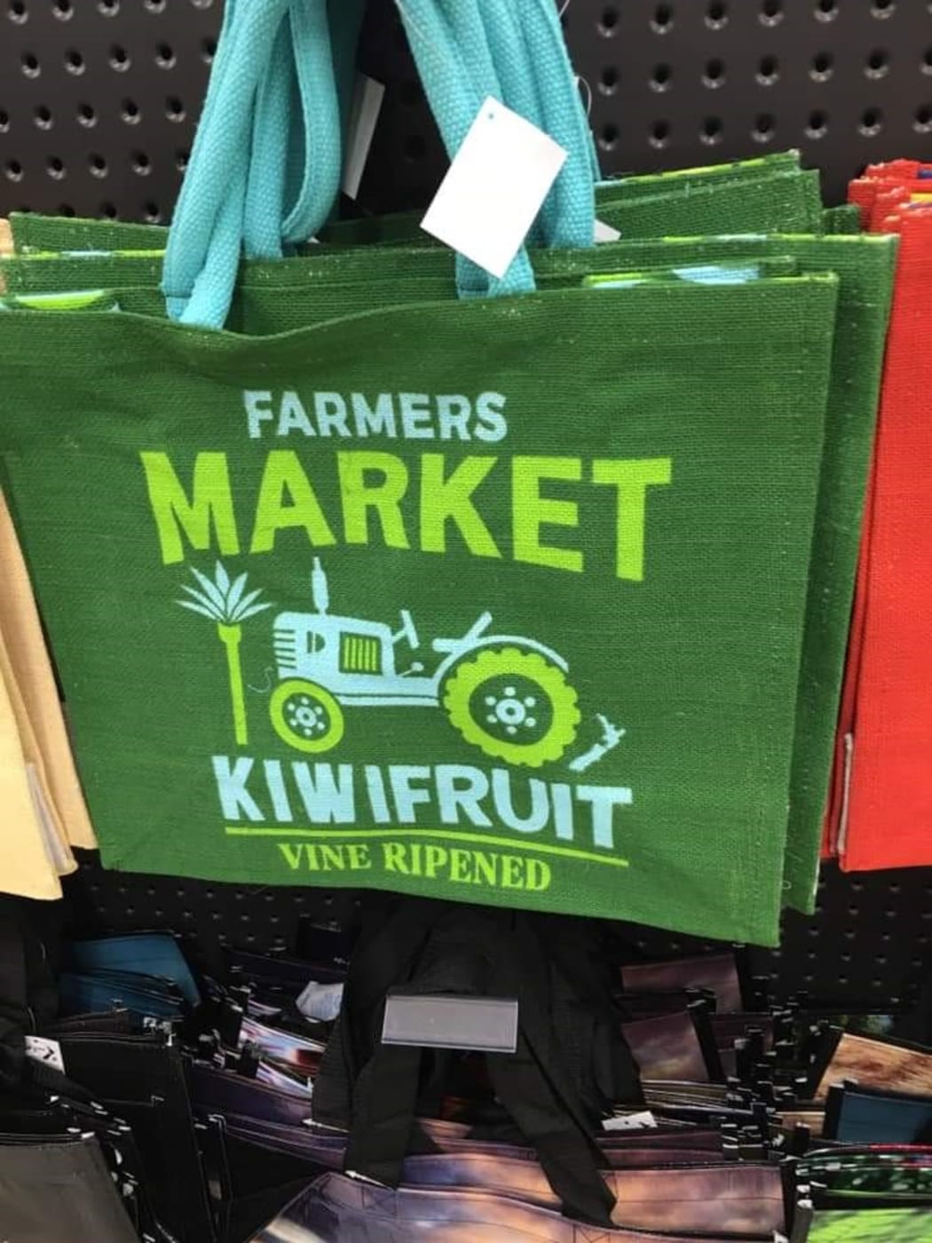 In some stores, Countdown is selling re-usable jute shopping bags that have the words "FARMERS MARKET" printed on them as part of the design.