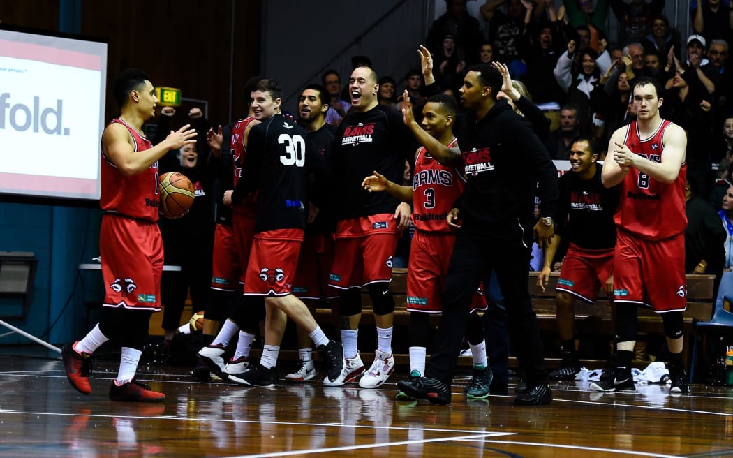 Canterbury Rams celebrate their win in the NBL.
