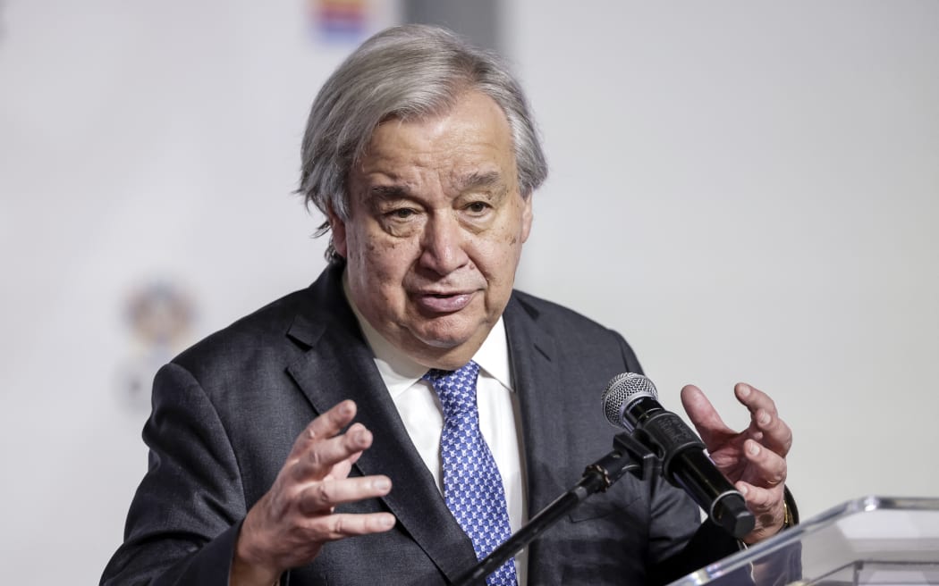 UN Secretary General Antonio Guterres speaks during a press conference at the Nasrec Expo Centre in Johannesburg on November 21, 2025, ahead of the G20 Leaders' Summit. (Photo by GIANLUIGI GUERCIA / AFP)