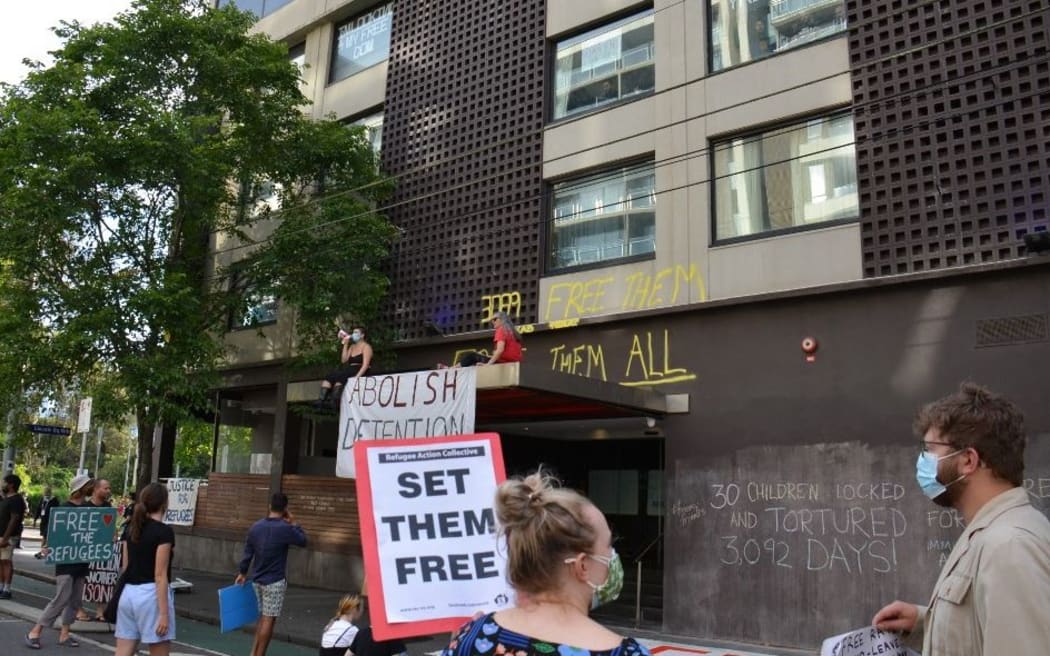 MELBOURNE, AUSTRALIA - JANUARY 06: Supporters gather outside Park Hotel where Novak Djokovic was taken pending his removal from the country after his visa was cancelled by the Australian Border Force in Melbourne, Australia on January 06, 2022.