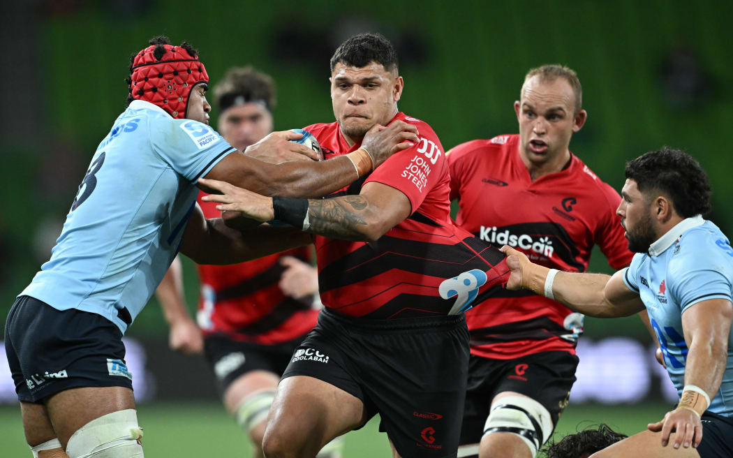 Levi Aumua of the Crusaders (centre) during the Super Rugby Pacific Round 2 match between the Crusaders and the New South Wales Waratahs at AAMI Park in Melbourne, Saturday, March 2, 2024. (AAP Image/Joel Carrett/ Photosport
