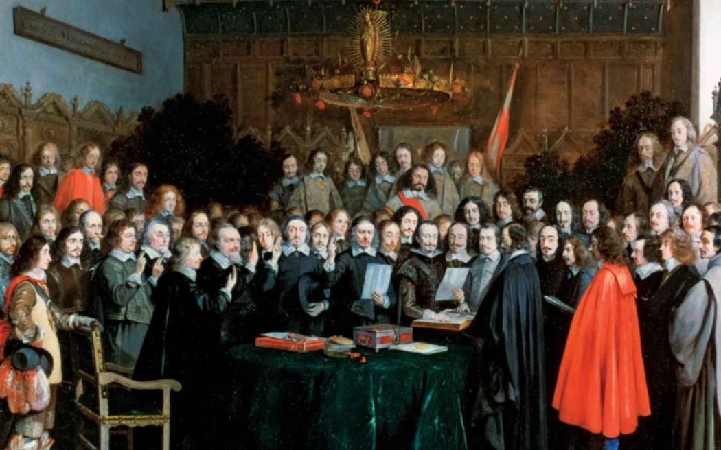 The Peace of Westphalia, the name given to multiple treaties, marked the conclusion of the Thirty Years' War. Signed on 24 October 1648. Photo/The Swearing of the Oath of Ratification of the Treaty of Münster, oil on copper by Gerard Terborch, 1648