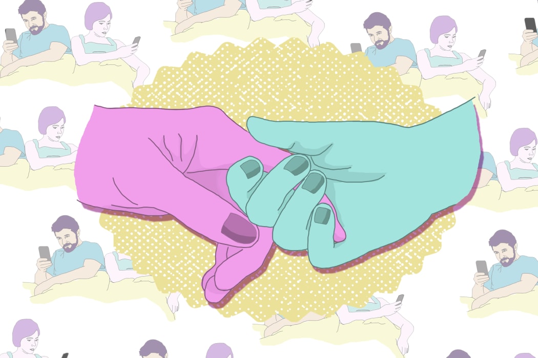 Illustration shows two images overlaying each other - the first is of two hands reaching to connect, the background image shows a couple together in bed but both on their phones. Image by Pinky Fang