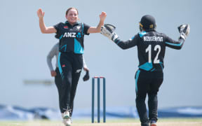 Eden Carson celebrates taking a wicket for New Zealand against Sri Lanka in a T20 international P. Saravanamuttu International cricket Stadium in Colombo in July 2023.