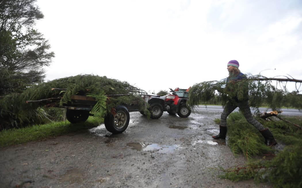 The Crickett family are cleaning up trees that came down as a result of former tropical cyclone Gita on Fairdown Road south of Waimangaroa.
