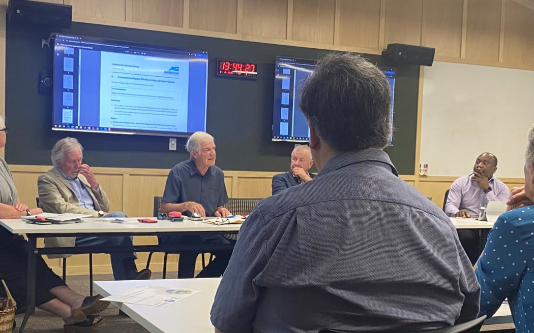 Methven and Foothill Birdsong Initiative members Mac McElwain and Barry Maister put their case forward for a cat management policy in Mid Canterbury at the biodiversity advisory group meeting on Tuesday.