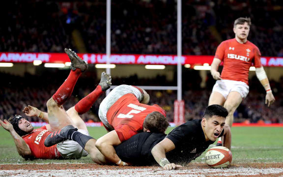 All Black Rieko Ioane scores against Wales, Cardiff 2017.