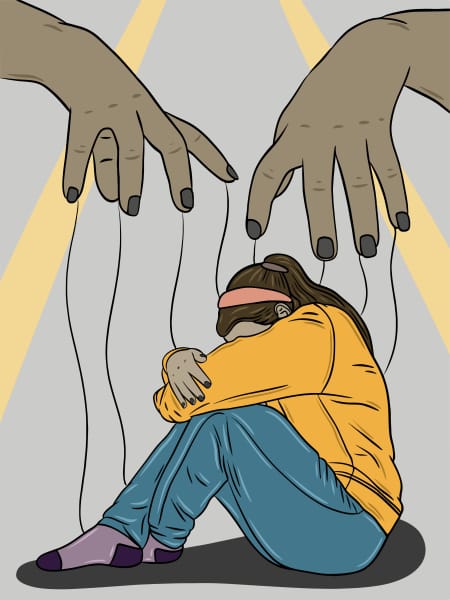 Illustration of a girl crying while being manipulated as a puppet.