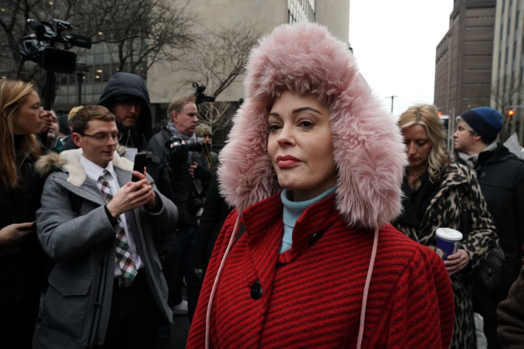 Actress Rose McGowan arrives for a press conference after Harvey Weinstein arrived at State Supreme Court in Manhattan.
