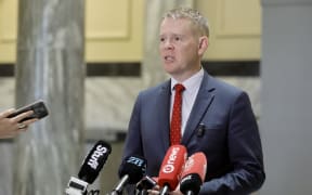 Labour leader Chris Hipkins speaks at a media stand up from Parliament on 24 February 2025.