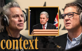 Guyon Espiner is wearing headphones positioned on the left of the image looking to the right. Corin Dann is wearing headphones on the right of the image looking towards the left. In the middle of the image is a yellow square featuring a picture of Winston Peters . In the bottom left hand corner is the logo for the podcast series 'Context' in mustard yellow.