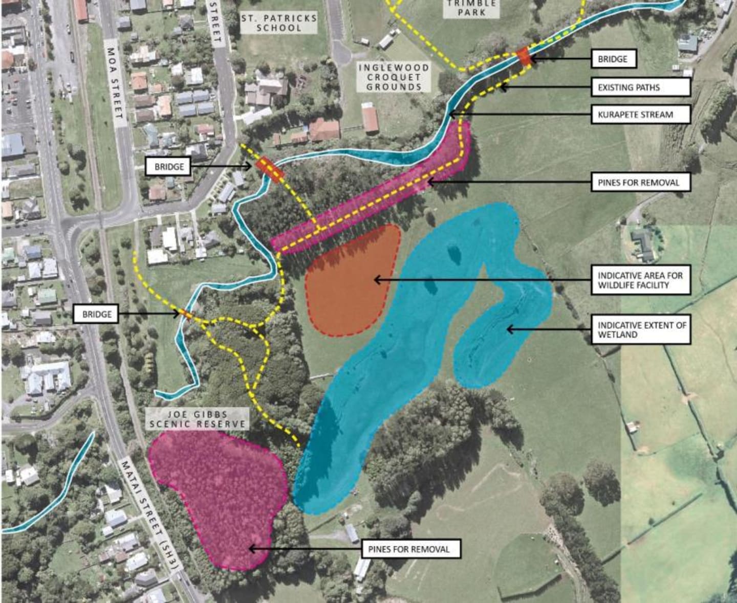 Aerial photo shows where Inglewood's wildlife centre (orange) and restored wetland (blue) would be.