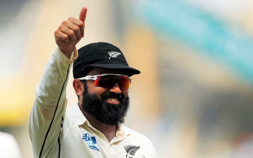 Ajaz Patel of New Zealand celebrating his 10th wicket in an innings during day two of the 2nd test match against India at the Wankhede Stadium in Mumbai on the 4th December 2021.