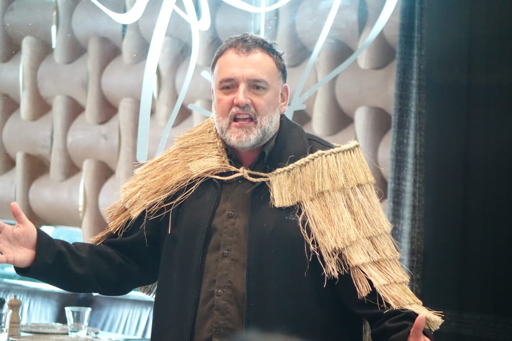 Ruakere Hond speaks at the powhiri to welcome the Ainu visitors.