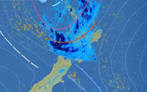 A graphic showing the map of New Zealand with rain, pressure and wind sitting above the North Island.