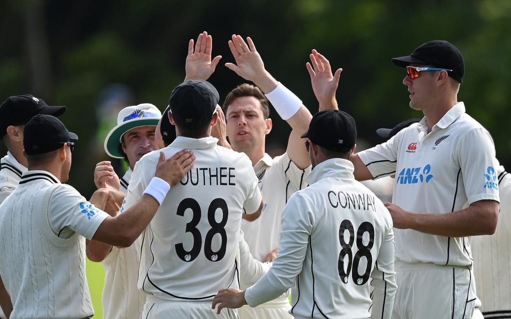 Black Caps bowler Matt Henry celebrates the dismissal of Dean Elgar.