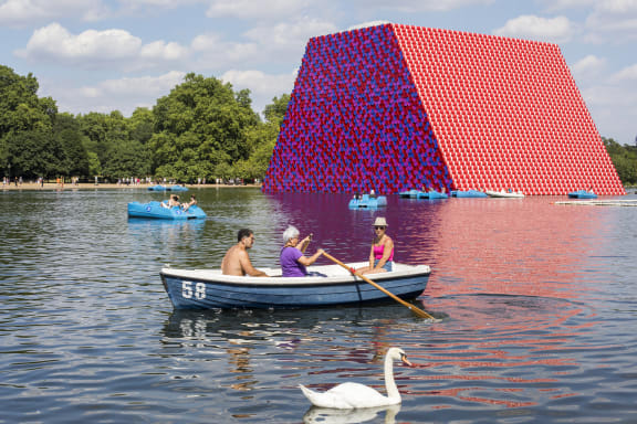 A day at Hyde Park with 'The Mastaba' installation, by artist Christo, installed on the Serpentine lake in Hyde Park on 18 June 2018 in London.
