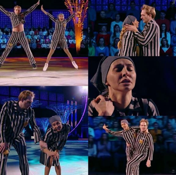 Tatiana Navka and Andrei Burkovsky perform a holocaust-themed ice skating routine.
