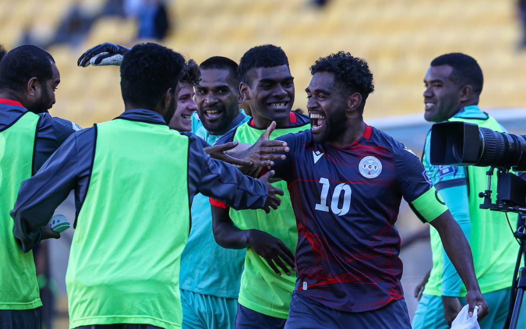 New Caledonia's Georges Gope-Fenepej scores and celebrates his 2nd goal. FIFA World Cup 2026 - OFC Qualifiers, semi final 1 New Caledonia v Tahiti.