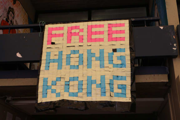 A banner at a Hong Kong extradition law rally at Auckland University.