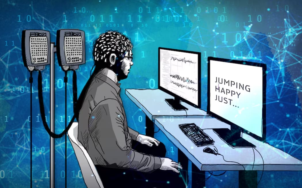 The electrode cap is connected to amplifiers that read the brainwaves and feed data into the AI model.