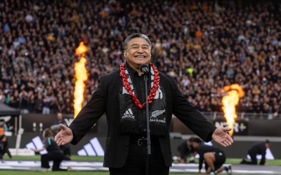 Ex-All Black Eroni Clarke sings the national anthem before the All Blacks v Australia 2025 Rugby Championship test match at Eden Park om 27 September  2025