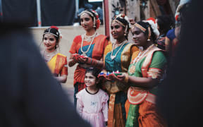 Participants on traditional Indian costumes celebrating the BNZ Auckland Diwali Festival.