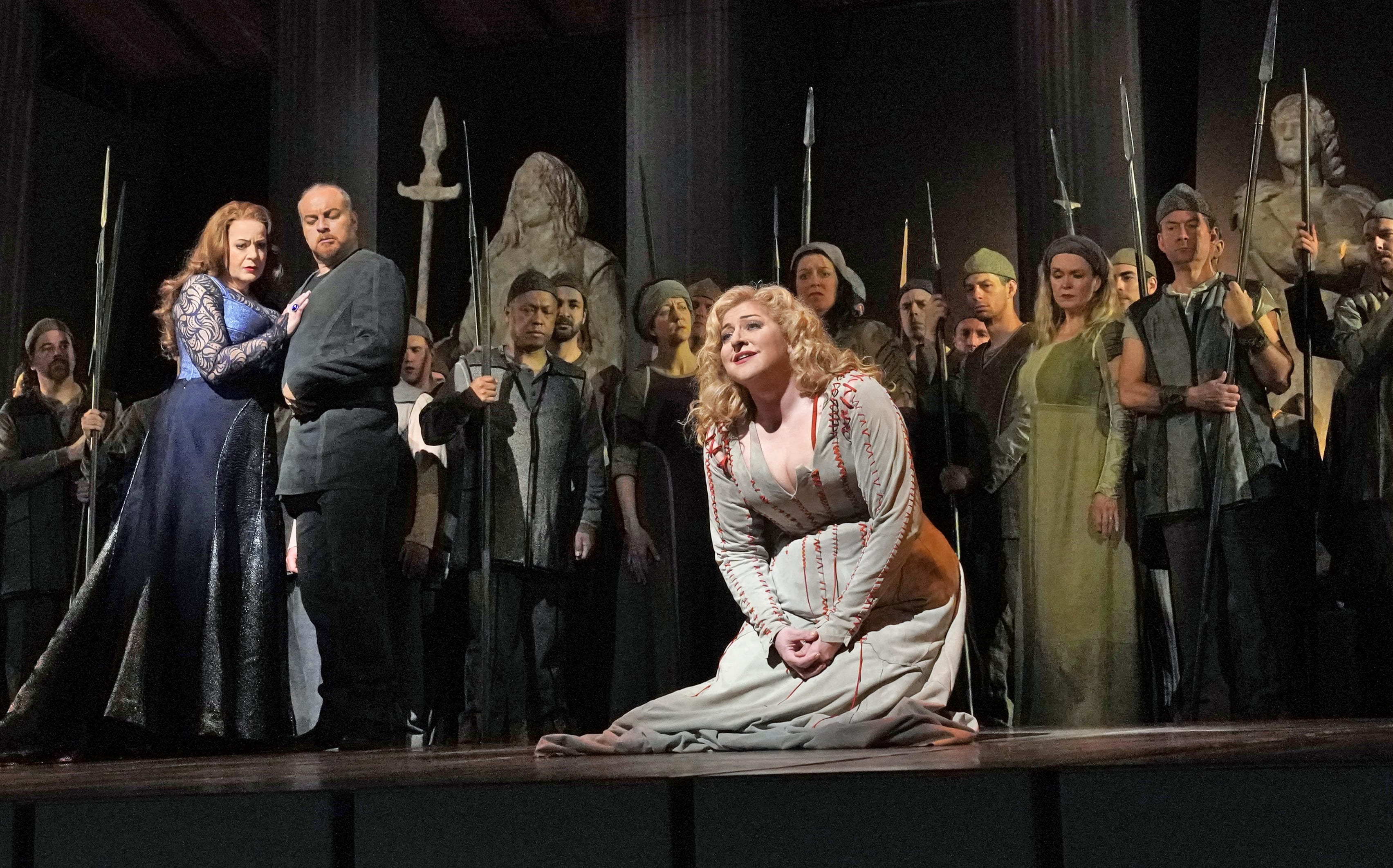 Edith Haller as Gutrune, Evgeny Nikitin as Gunther, and Christine Goerke as Brünnhilde at The Met