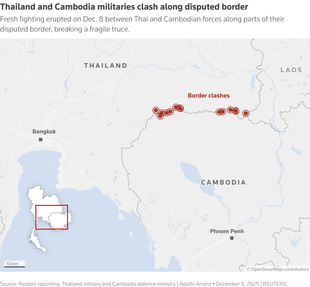 A map of the clashes between Thailand and Cambodia.