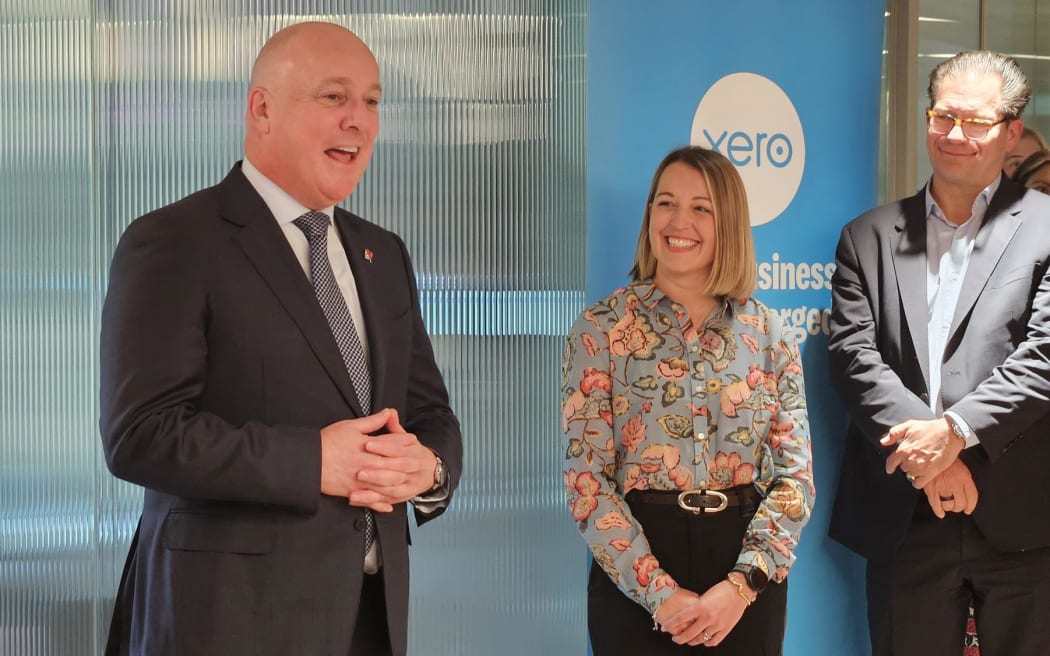 Christopher Luxon in London at trade forum alongside Kate Hayward from Xero.
