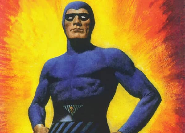 An illustration of The Phantom who wears a tight purple catsuit and black face mask over his eyes.