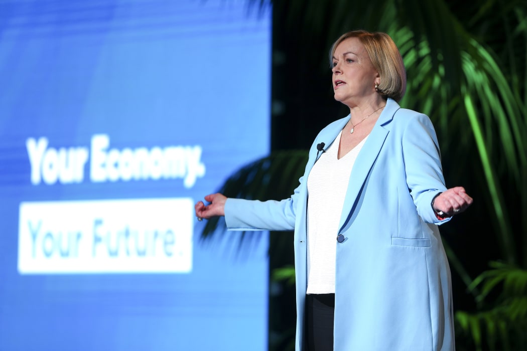 National Party Leader Judith Collins delivers a speech during the Virtual National Party 2020 Campaign Launch at Avalon Studios on September 20, 2020 in Wellington, New Zealand.