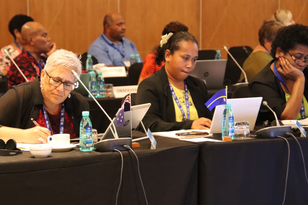 Nauru's Director of Nursing, Moralene Capelle, centre with other colleagues at the meeting.