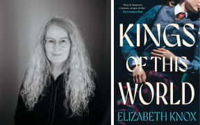 Author Elizabeth Knox photographed by Ebony Lamb, alongside her young adult novel 'Kings of This World'.