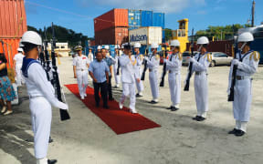 Taiwan Ambassador to Palau  Wallace M. G. Chow and  the fleet's Rear Admiral Chen, Tao-Hui accompanied Vice President of the Republic of Palau Raynold Oilouch to join the welcoming ceremony March when the ships docked here.
