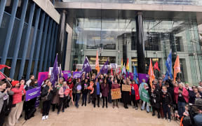 Union members outside the High Court at Wellington.
