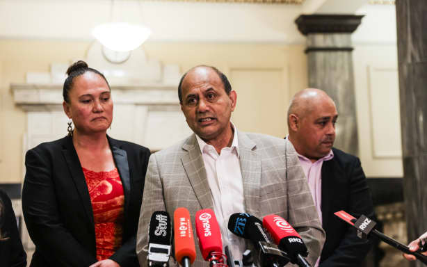 Labour MPs (from left) Carmel Sepuloni, Willie Jackson, and Peeni Henare speak at Parliament on the death of Te Pāti Māori MP Takutai Tarsh Kemp.