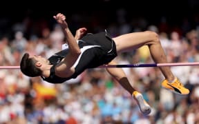 PARIS, FRANCE - AUGUST 07: Hamish Kerr of Team New Zealand competes during the Men's High Jump Qualification on day twelve of the Olympic Games Paris 2024 at Stade de France on August 07, 2024 in Paris, France. (Photo by Cameron Spencer/Getty Images)