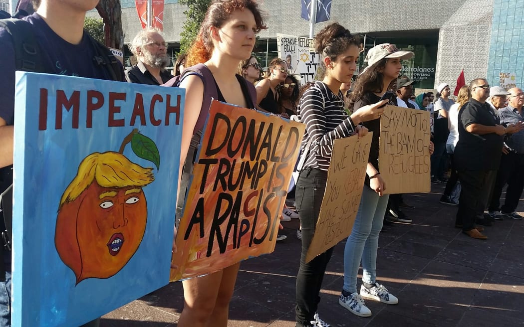 Protesters at the NZ No Ban, No Wall demonstration in Aotea Square.